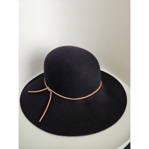 PHENIX Round Crown Fedora 100% Wool Hat Wide Brim Black OS Boho Chic Hat